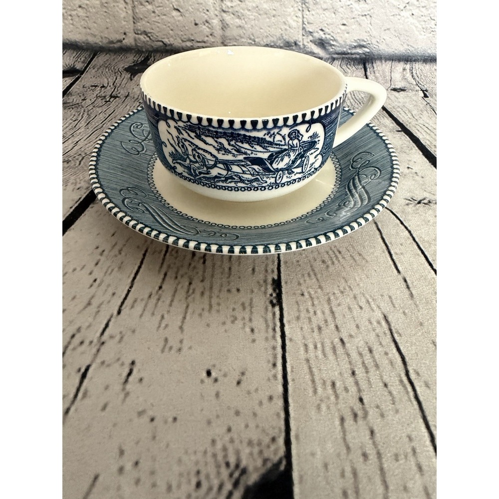 Vintage Royal China Currier & Ives Blue/White Steamboat Tea Cup & Saucer Set